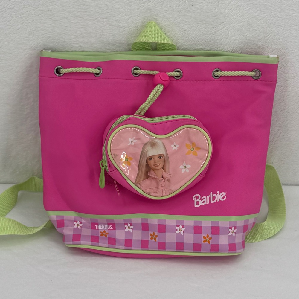 Vintage 1998 Barbie Thermos Insulated Pink Floral Lunch Bag Backpack Tote Mattel